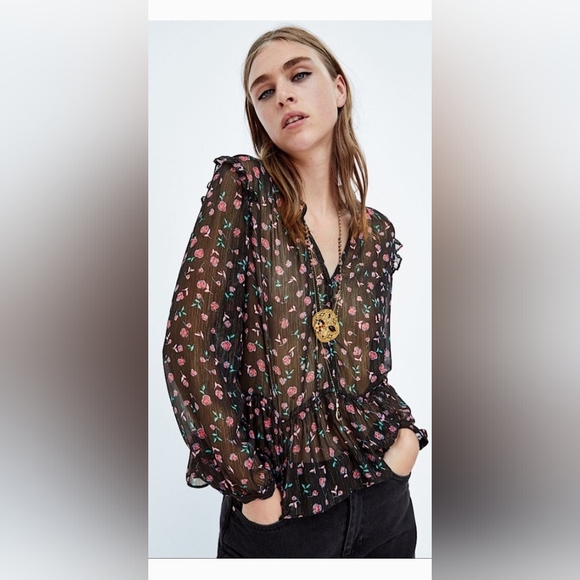 NWOT! Sheer Metallic Women's Zara Spring Peplum Floral Boho Blouse Medium - Picture 11 of 15
